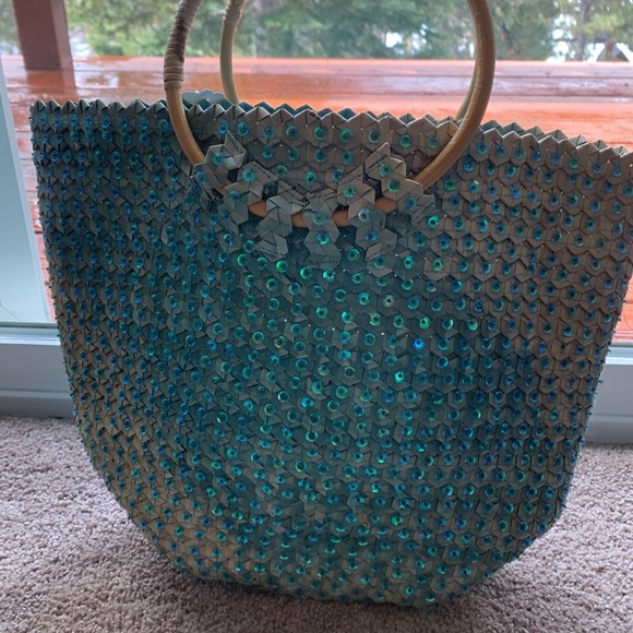 Turquoise & Straw Bling Tote/Purse - Picture 2 of 9